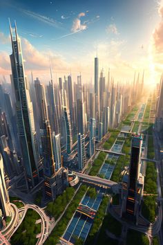 futuristic, utopian, city, golden hour, sunset, central hub, white buildings, green trees, flying drones, space ships, sci-fi, architecture, landscape, utopia Futuristic Cities Utopia, Futuristic Forest City, Semi Futuristic City, Sci Fi Cities, Sci Fi City Futuristic Architecture, Future Utopia, Futuristic Skyscraper