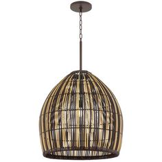 a light that is hanging from the ceiling with a rattan pattern on it's side