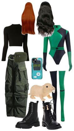 an assortment of different outfits and accessories including boots, pants, headbands and cell phone