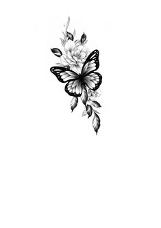 a black and white drawing of a butterfly with flowers on it's back side