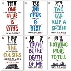 six books with different titles on them and the title for each one is being written