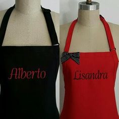 two aprons with the name aliberto and lisandra written on them