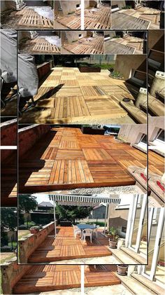 several different types of wooden decking in various stages of being used for outdoor furniture