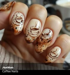 coffee nails Coffee Aesthetic Nails, Coffee Nails Designs Art Ideas, Fall Coffee Nails, Coffee Themed Nails, Coffe Nail Ideas, Coffee Colored Nails, Latte Nail Art