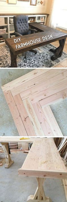 three different views of a wooden table with the words diy farmhouse desk on it