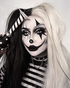 Black And White Clown Costume Diy, Black White And Red Clown Makeup, Punk Clown Costume, Scary Female Clown Makeup, Creepy Girl Clown Makeup, Twisted Clown Makeup, Clown Skeleton Makeup, Scary Mime Makeup, Clown Makeup White Face