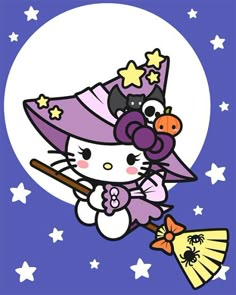 hello kitty is holding a broom and wearing a witches hat while flying in the sky