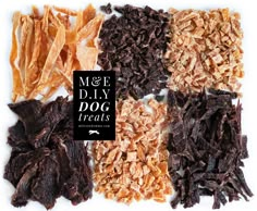 four different types of dried dog treats on a white background with the words meet diy dog treats