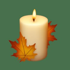 a lit candle with an orange and yellow maple leaf on the front, against a white background