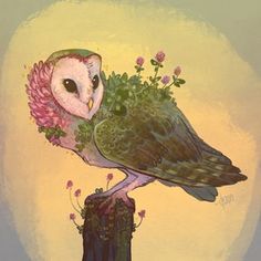 an owl sitting on top of a wooden post with flowers in it's beak