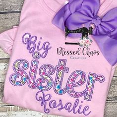 "#BIGSISSTATUS! This adorable big sister shirt can be customized with fabric choices and colors to fit the newest big/middle/litte sister's personality! You can change the \"big\" to accommodate for \"middle\" or \"little\" sister as well. Please specify in notes to seller.  This design is pictured on a bubble gum pink ruffle shirt, but can be changed to any available color. Let me know if you need another color shirt. White shirts will be used if another color is not specified. You will receive a message letting you know prior to completion of the order if substitutions are needed.  The appliquéd fabric colors will be similar to fabrics in the picture, unless otherwise noted in info to seller. I can accommodate most color choices. To customize this design with a name please leave in notes Big Sister Gift From New Baby, Big Sister Shirts, Cricket Shirts, Baby Birthday Shirts, Matching Sibling Shirts, Big Sister T Shirt, Big Sister Little Sister, Boutique Shirts, Mermaid Shirt