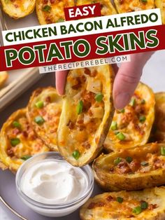 Your game day food ideas must have these loaded potato skins! They're an easy football snack or Super Bowl appetizer recipe. Crispy and delicious, these chicken alfredo potato skins are addictive!