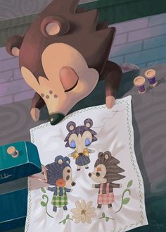 a cartoon bear is holding up a piece of paper with other animal characters on it