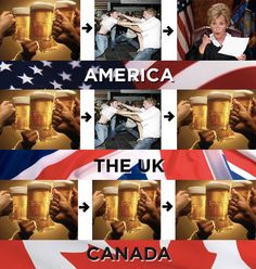 a collage of photos with beer glasses in front of an american and canadian flag