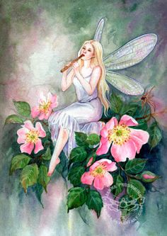 a painting of a fairy sitting on top of flowers