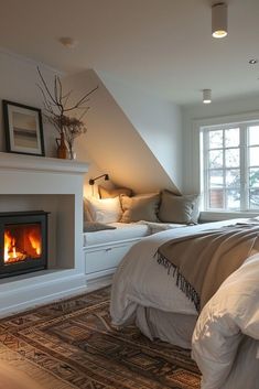 a bedroom with a fire place in the corner and a bed on top of it