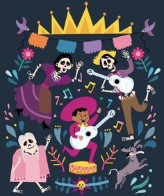 the mexican day of the dead poster with skeletons playing guitar and singing to music notes