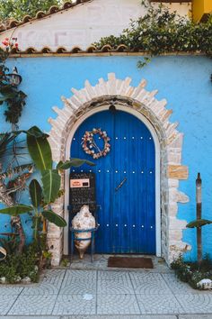 a blue door with a wreath on it and a potted plant next to it