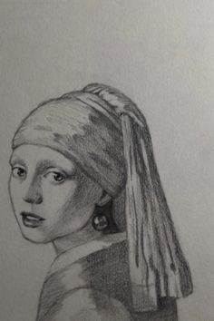 a pencil drawing of a girl with a pearl ear and a turban on her head