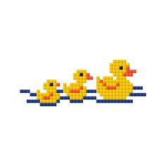 two yellow ducks are floating in the water with blue strips on them and one duck is swimming