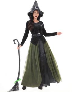 a woman in a witch costume holding a broom