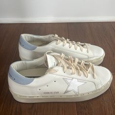 Golden Goose Hi Star Silver Star And Baby Blue Heel. Purchased From Neiman Marcus. Never Worn Size 40 Fake Golden Goose Sneakers, Blue Golden Goose, Golden Goose Hi Star, Baby Blue Heels, Golden Goose Outfit, Star Silver, Goose Shoes, Golden Goose Sneakers, Golden Goose Shoes