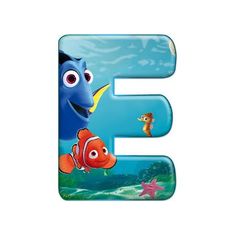 the letter e with an image of finding nemo and dory fish on it