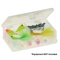 an assortment of fishing lures in a plastic box