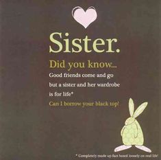 a card with an image of a bunny saying,'sister did you know? good friends come and go but a sister and her wardrobe is for life can i borrow your black top