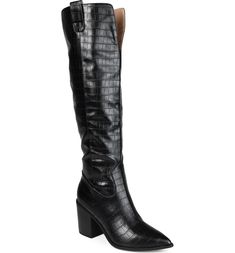 Free shipping on orders over $89. Shop JOURNEE COLLECTION JOURNEE COLLECTION Therese Croc Embossed Knee High Boot - Extra Wide Calf at Nordstromrack.com. A croc-embossed faux leather knee high boot features a notched topline with pull tabs for chic Western style. How To Wear Knee High Boots, Knee High Dress Boots, Knee High Dress, Knee High Boots Dress, Crocs Boots, High Leather Boots, Pointed Toe Boots, Dress Boots, Wide Calf Boots