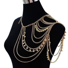 Jóias Body Chains, Shoulder Jewelry, Gold Body Chain, Shoulder Necklace, Women's Uniforms, Body Chains, Gold Bodies, Multi Layer Necklace, Shoulder Chain