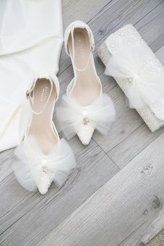 Matching Crochet Heels and Clutch with Tulle Bow Wedding Shoes With Bow, Lace Wedding Heels, June Weddings, Shoes For Brides, Tulle Bow, Wedding Shoes Lace, Wedding Shoes Flats, Tulle Bows, June Wedding