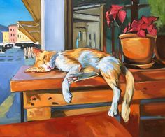 an orange and white cat laying on top of a wooden table next to a potted plant