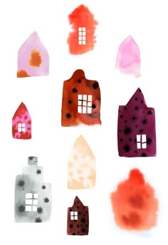 watercolor houses on white paper with red, pink and orange colors in the middle