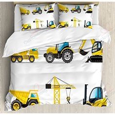 a bed with yellow construction vehicles on it and white comforter covers, along with matching pillow cases