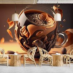 there are many chairs and tables in the room with this wall mural on it's walls