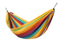 a multicolored hammock hanging in the air