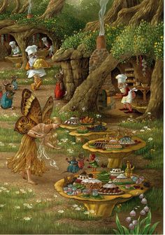 a fairy scene with many people and animals in the woods, including a butterfly flying over food