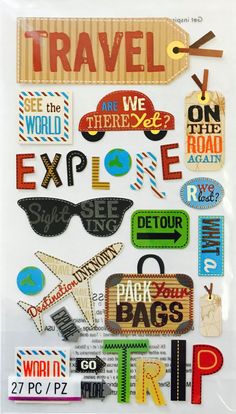 an assortment of travel stickers on top of a piece of paper with the words explore and