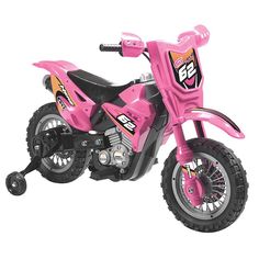 a pink toy dirt bike on a white background