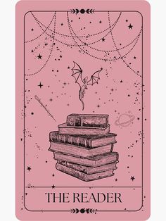 the reader tarot card with an image of a stack of books on top of it