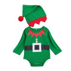 Christmas Santa elf onesie | envelope shoulders | snaps along diaper line | matching Xmas hat | long sleeve outfit | soft cotton fabric | machine washable Baby Christmas Pajamas, Newborn Christmas Outfit, Christmas Elf Costume, Xmas Pajamas, Boys Christmas Outfits, Xmas Outfits, Christmas Romper, Hat Outfit