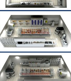 three views of a kitchen from above and below, with the floor plan divided into sections