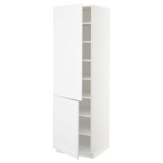 a tall white cabinet with two doors and shelves on each side, in front of a white background