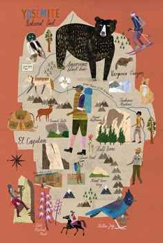 an illustrated map of yosemite national park with people, animals, and mountains