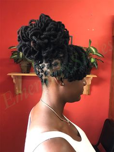 Locs With Petals, Loc Petal Bun With Swoop, Petal Locs Updo, Loc Ponytail Styles With Bangs, Petal Hairstyle For Locs, Petal Ponytail Locs, Loc Petal Updo, Petal Bun Locs With Bangs, Pedal Bun Loc Styles