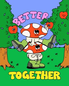 an image of a cartoon character with the words better together in front of trees and apples