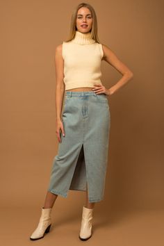 Chelsea Denim Midi Skirt – The Boutique at Mira's The Perfect Girl, L And Light, Denim Midi Skirt, Some Girls, Fall Favorites, All Eyes, Cotton Skirt, A Word, Girls Night Out