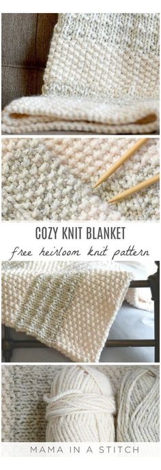 the knitting pattern for cozy knit blanket is shown in three different pictures, including two balls of yarn and one crochet hook