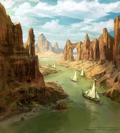 an artist's rendering of a river with sailboats in the foreground and mountains in the background